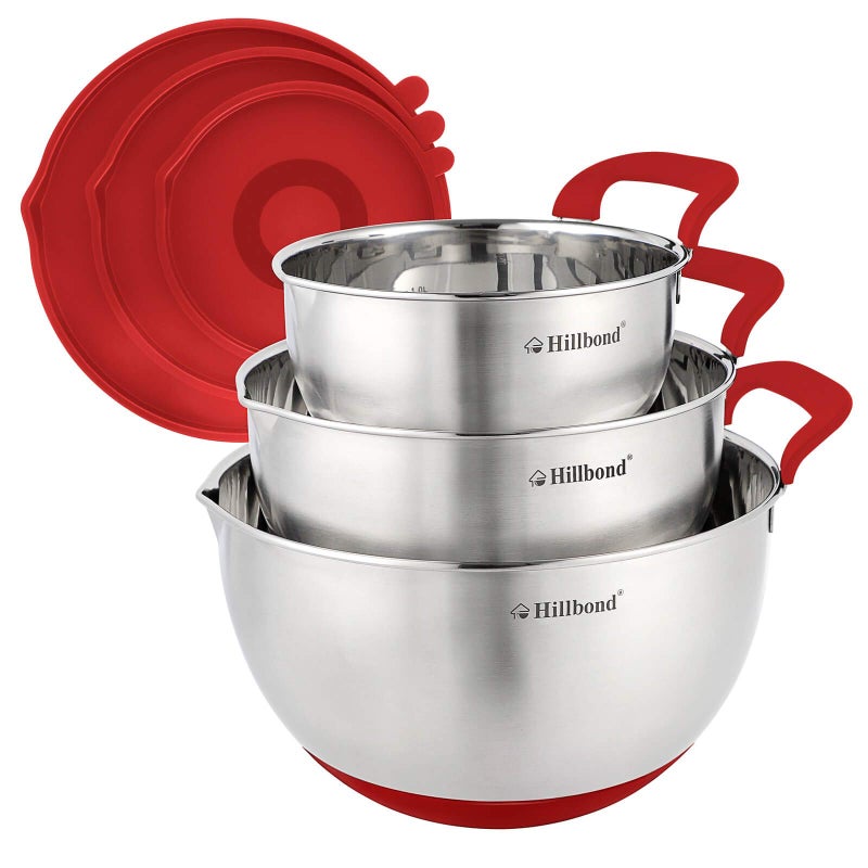 Hillbond Mixing Bowls with BPA Free Airtight Lids Nesting Bowls with Pour Spout, Silicone Handle and Non-Slip Bottoms for Baking, Stainless Steel Mixing Bowls Dishwasher Safe, 1.5, 3, 5 QT (Red) - Image 1